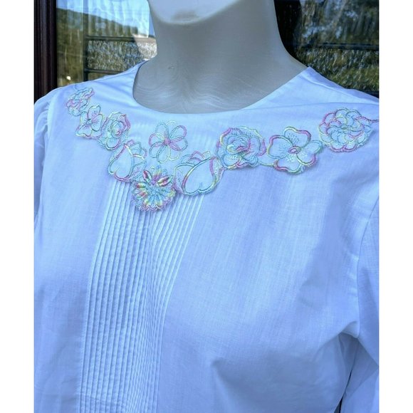 Vtg Bedford Fair Blouse Pastel Flower Collar Embroidery Secretary 80s Modest - Picture 8 of 10